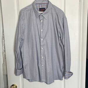 Egara Blue and White Micro-Check Dress Shirt with Plaid Trim